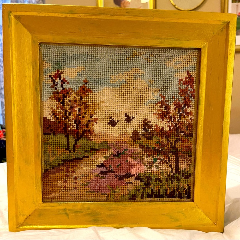 Late 1970’s HANDMADE needlepoint LANDSCAPING . Size: 11” squared frame.